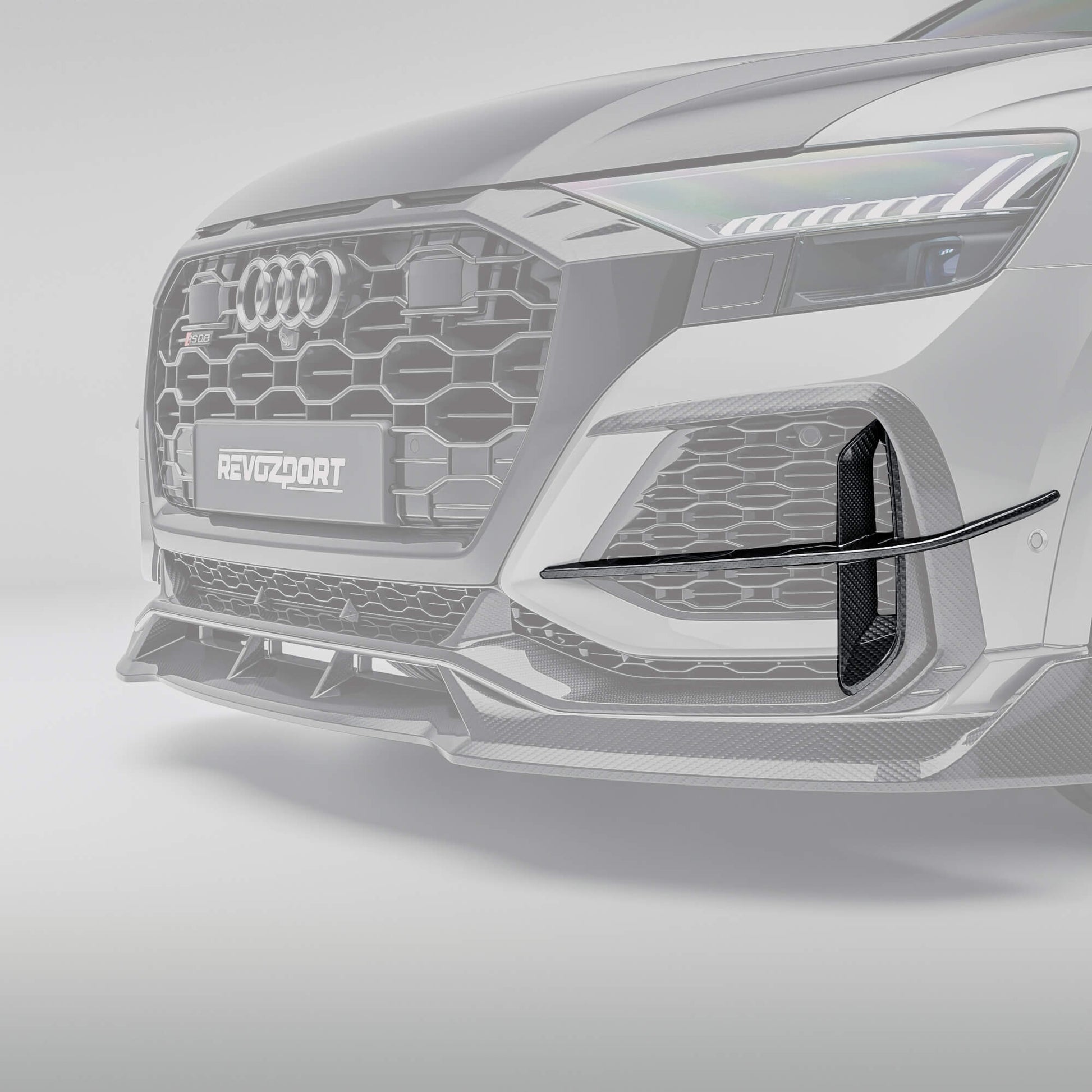 Carbon fiber canards installed on Audi RSQ8 4M Pre-LCI front bumper, angled view