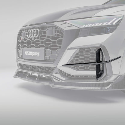 Carbon fiber canards installed on Audi RSQ8 4M Pre-LCI front bumper, angled view