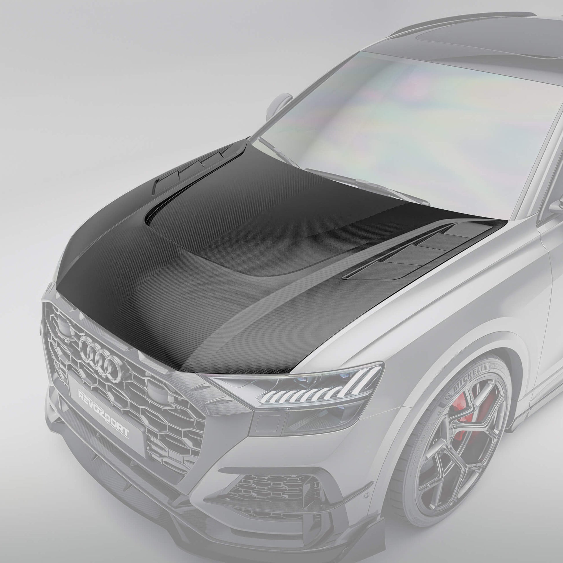 Carbon fiber hood for Audi RSQ8 4M Pre-LCI, rear-angle view across the bonnet surface