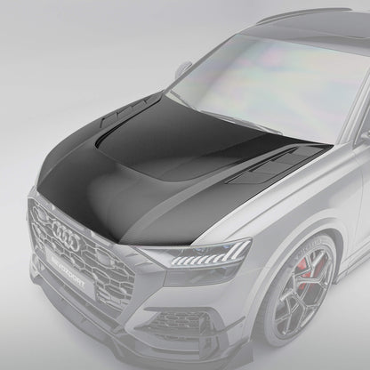 Carbon fiber hood for Audi RSQ8 4M Pre-LCI, rear-angle view across the bonnet surface