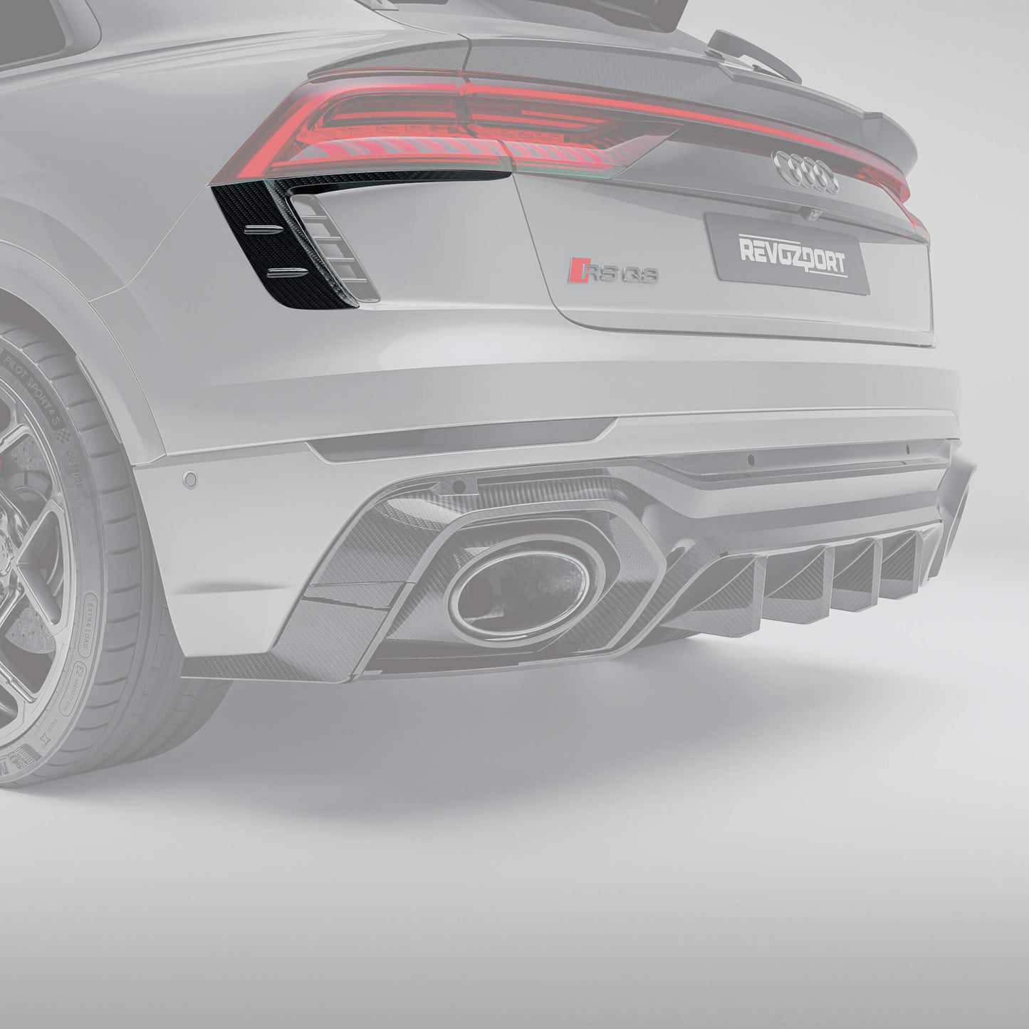 Audi RSQ8 Pre-LCI carbon fiber rear canards from a rear angle on the bumper