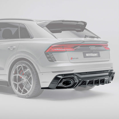 Carbon fiber rear diffuser on Audi RSQ8 4M Pre-LCI, rear-angle detail of the weave