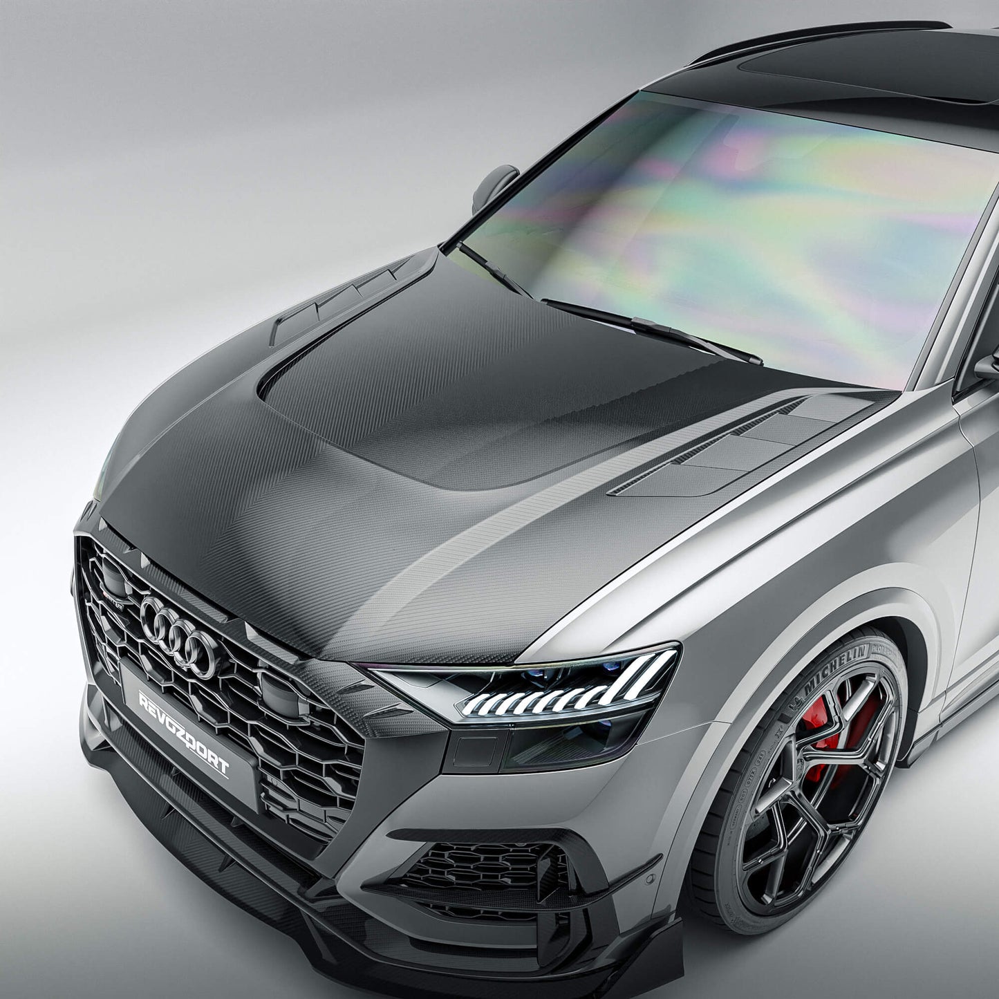 Carbon fiber hood on Audi RSQ8 4M Pre-LCI body kit, front-end view