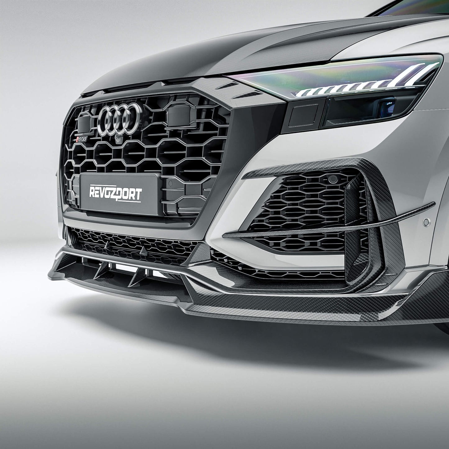 Audi RSQ8 4M Pre-LCI carbon fiber front canards detail on the bumper corner