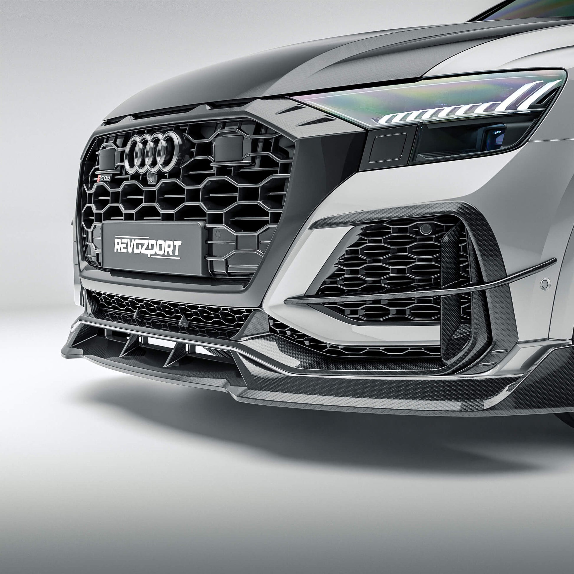 Audi RSQ8 4M Pre-LCI carbon fiber front canards detail on the bumper corner