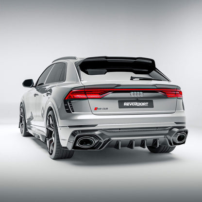Audi RSQ8 4M Pre-LCI carbon fiber mid spoiler on the rear bumper, detail view