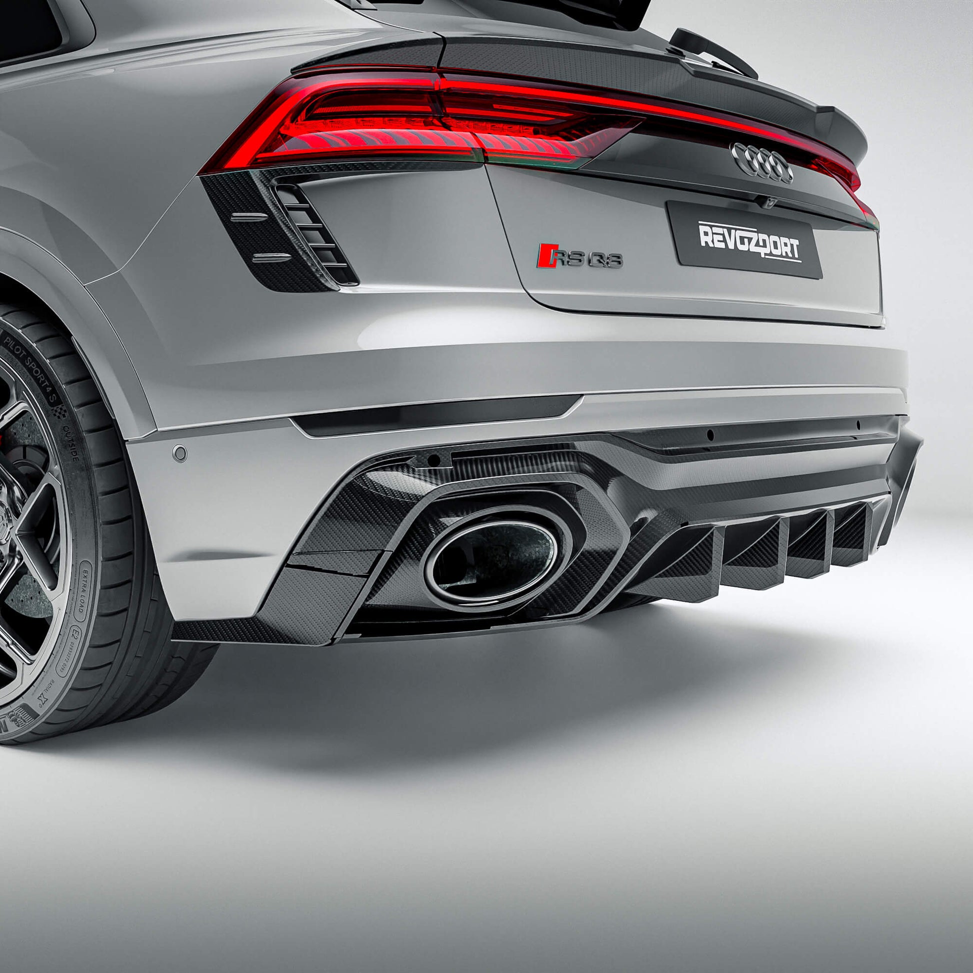 Audi RSQ8 Pre-LCI carbon fiber rear bumper canards shown as a product set