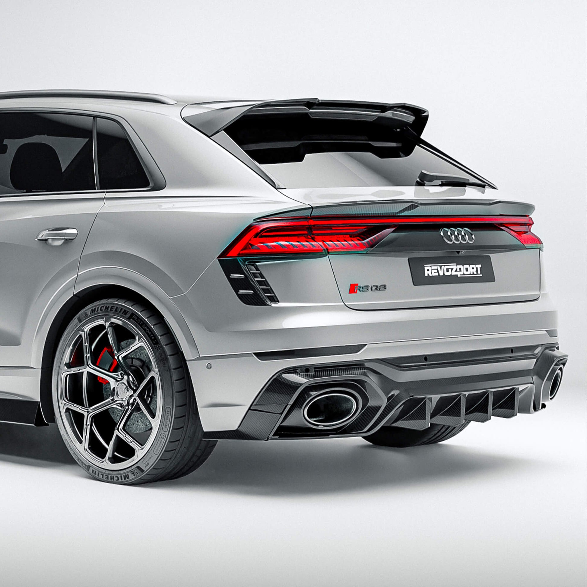 Audi RSQ8 4M Pre-LCI carbon fiber rear diffuser, lower rear view showing the fins