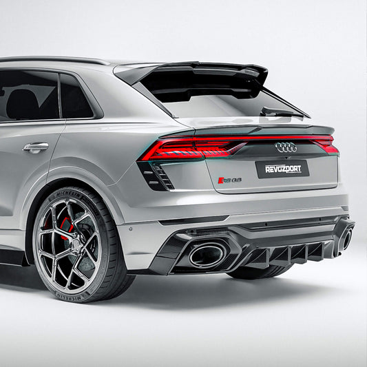 Audi RSQ8 4M Pre-LCI carbon fiber rear diffuser, lower rear view showing the fins