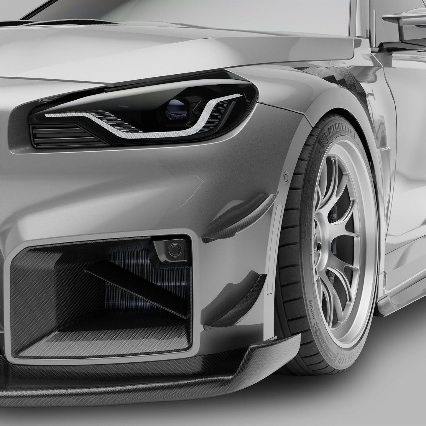 BMW M2 G87 carbon fiber front bumper canards, installed front view