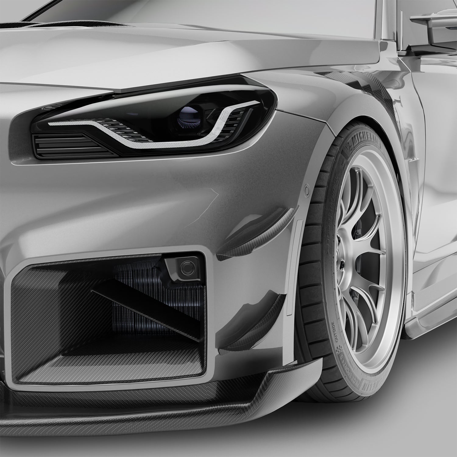 BMW M2 G87 carbon fiber front bumper canards, installed front view