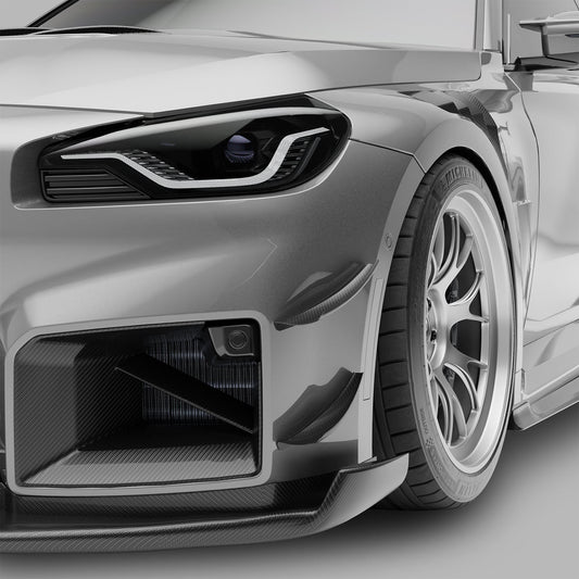 BMW M2 G87 carbon fiber front bumper canards, installed front view