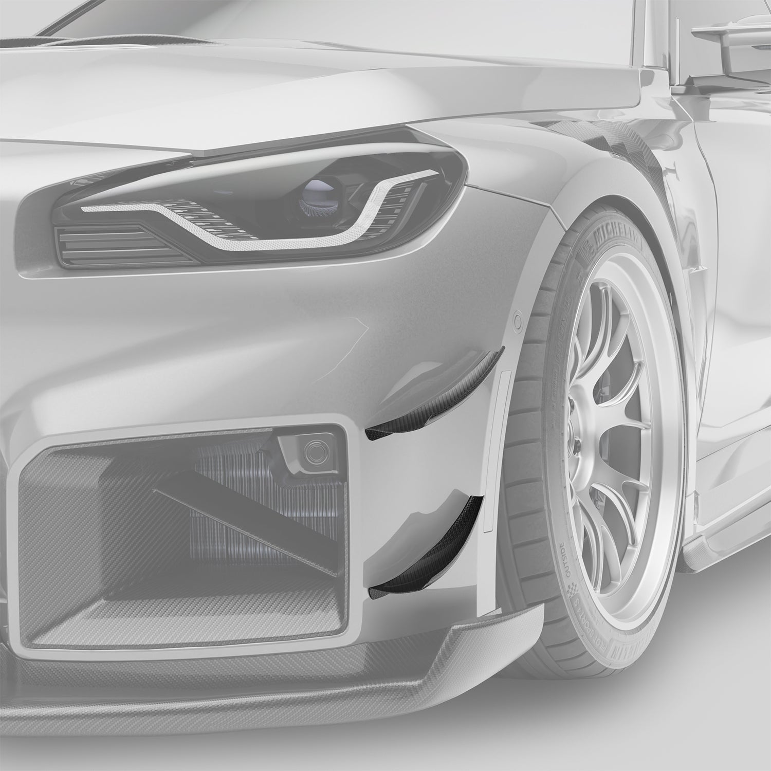 BMW M2 G87 carbon canards, front corner detail close-up