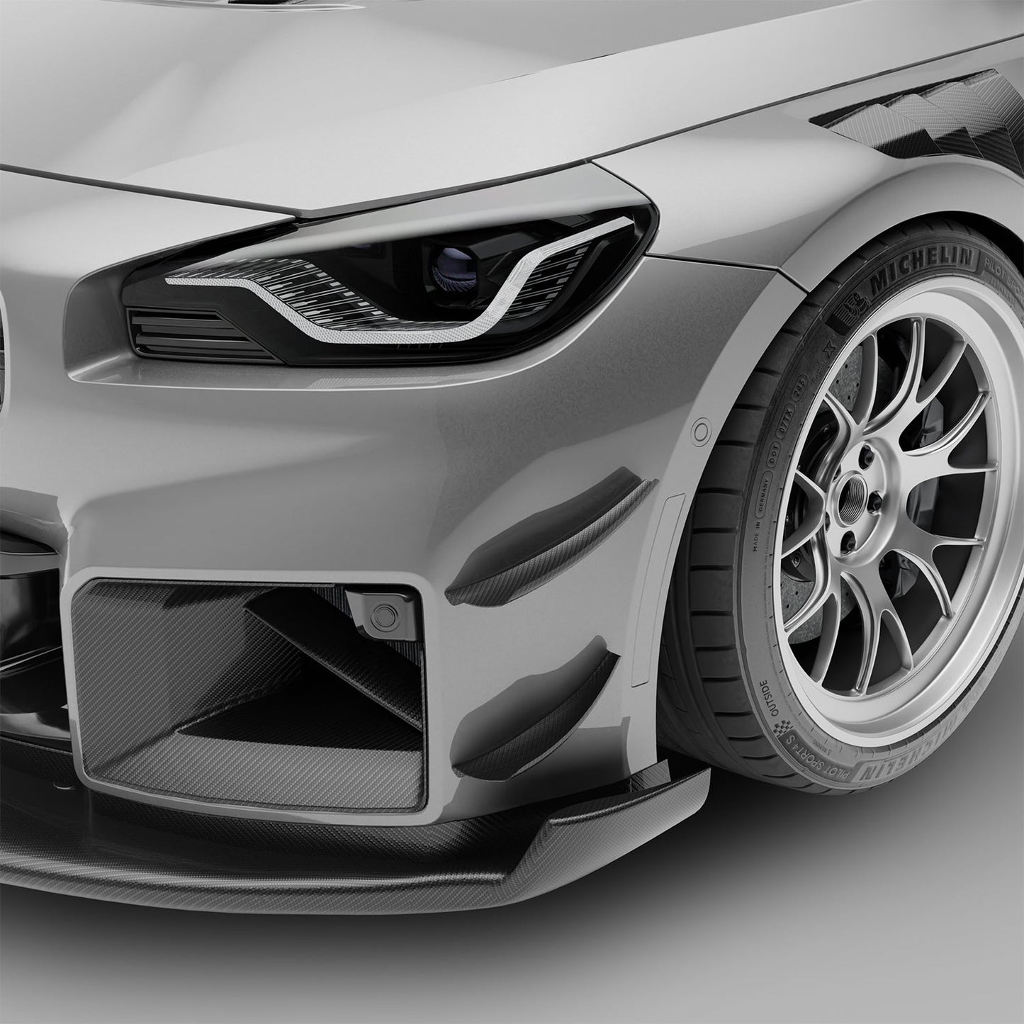 BMW M2 G87 bumper canards, full front-end installed look