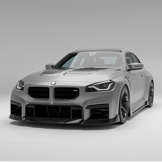 BMW M2 G87 carbon fiber front lip splitter, front three-quarter view
