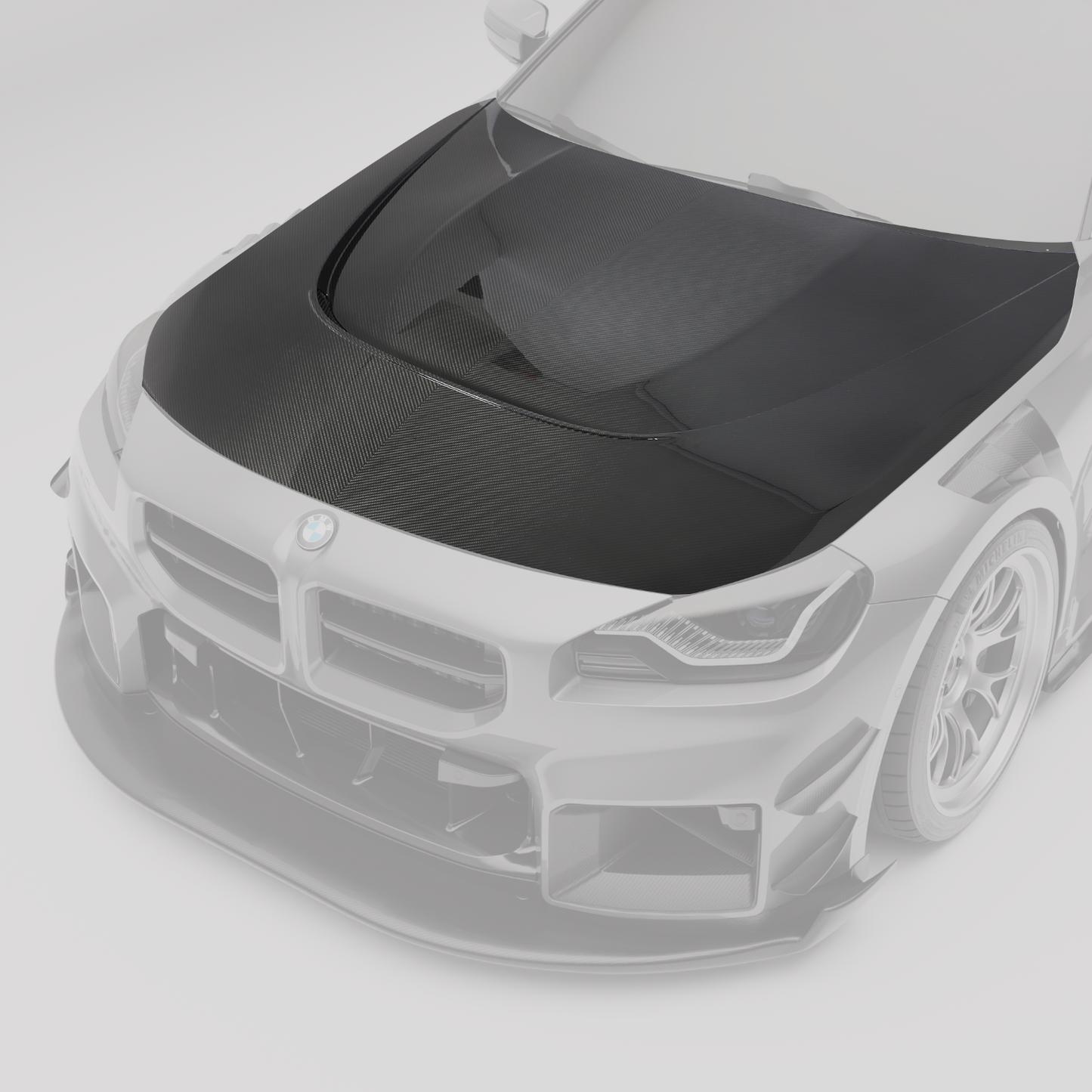 BMW M2 G87 carbon fiber hood, top-down view of vent layout