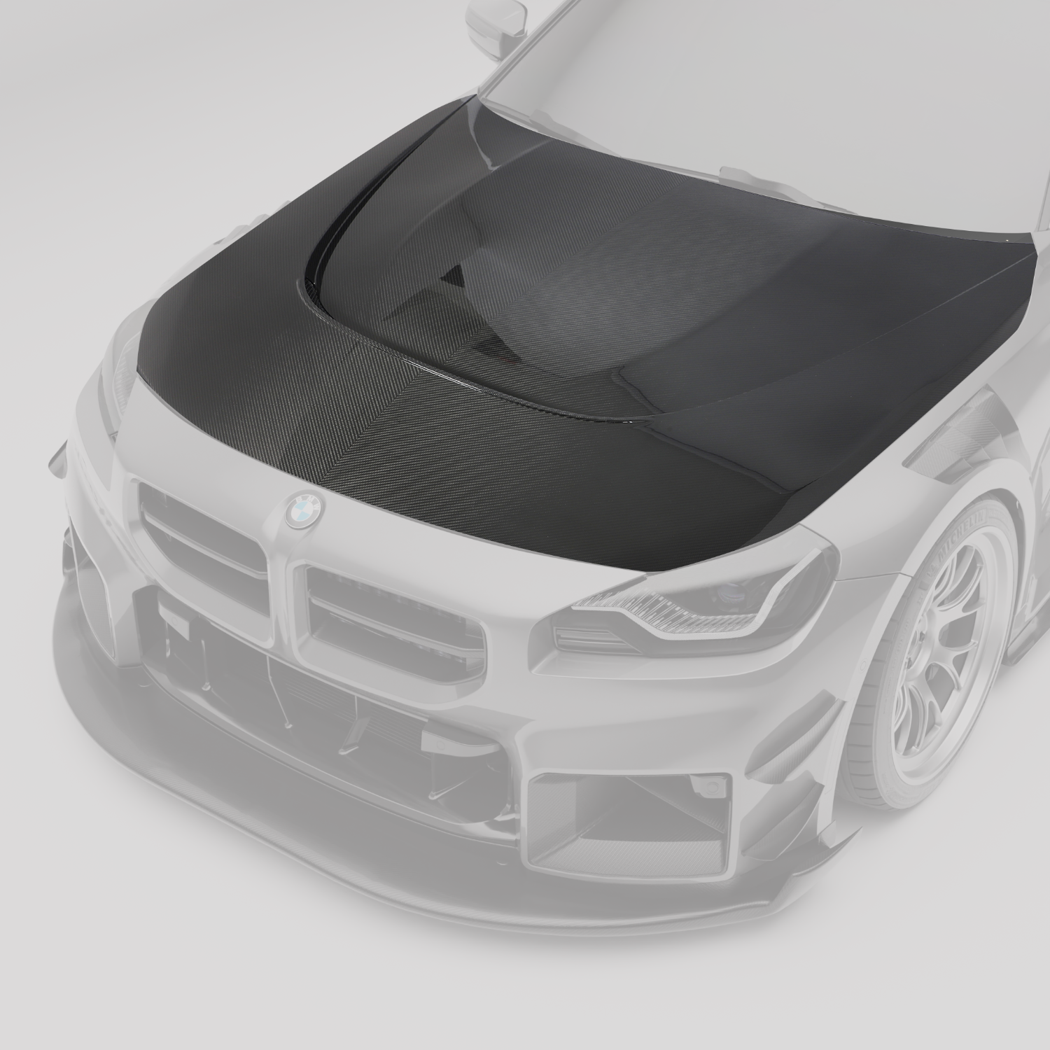 BMW M2 G87 carbon fiber hood, top-down view of vent layout