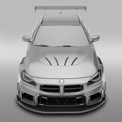 BMW M2 G87 aero hood, full front-end installed look