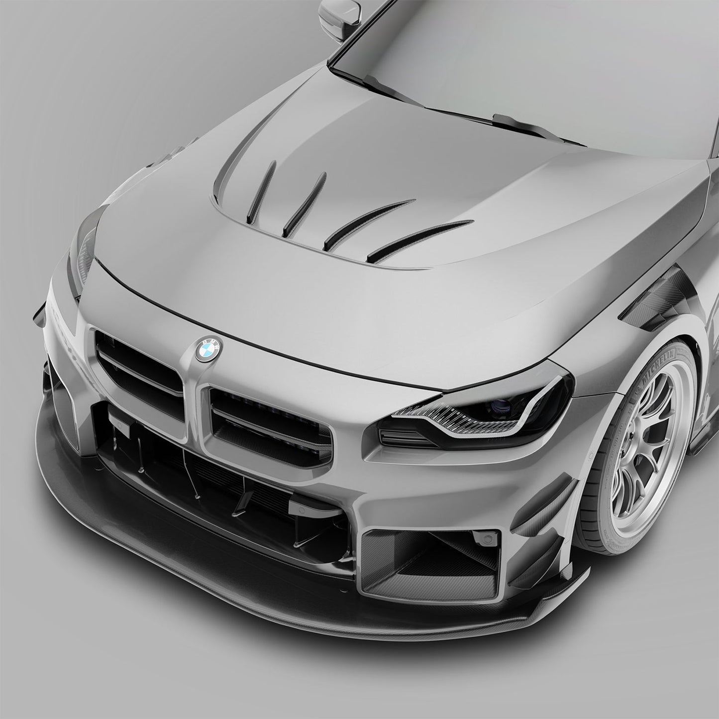 BMW M2 G87 carbon fiber aero hood with strakes, installed front view