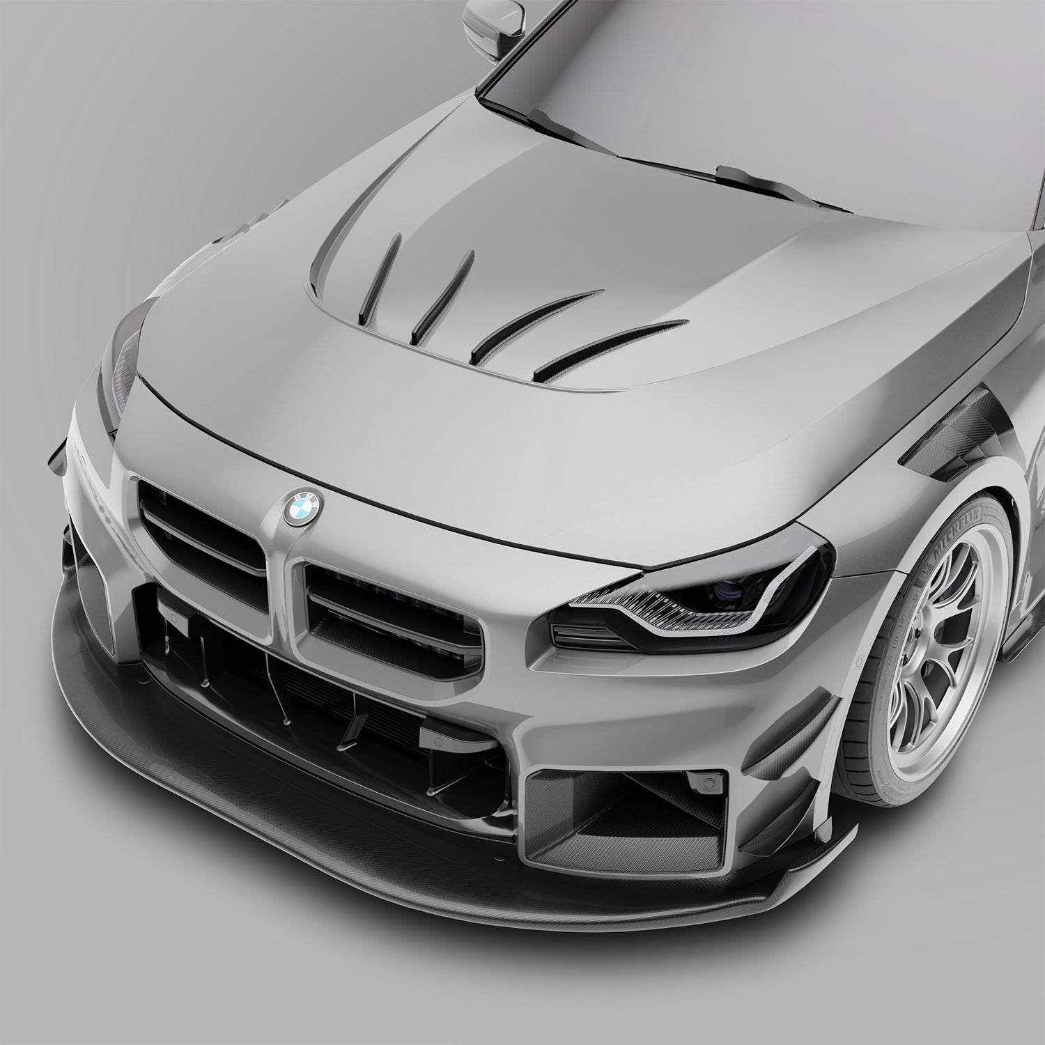 BMW M2 G87 carbon fiber aero hood with strakes, installed front view