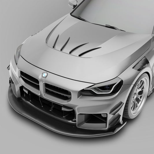 BMW M2 G87 carbon fiber aero hood with strakes, installed front view