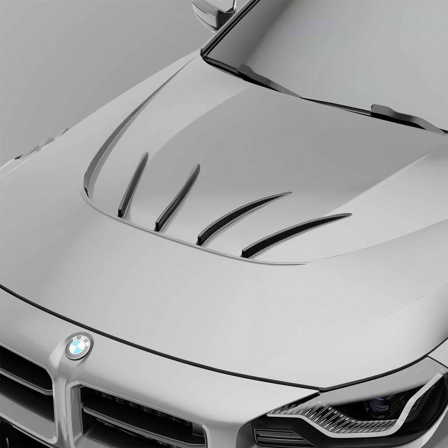 BMW M2 G87 hood strakes paired with carbon hood full view