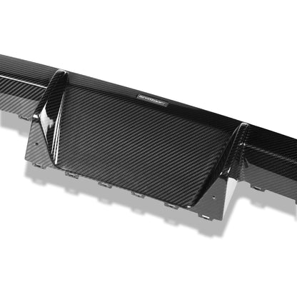 BMW M2 G87 carbon fiber diffuser mounted, low rear angle