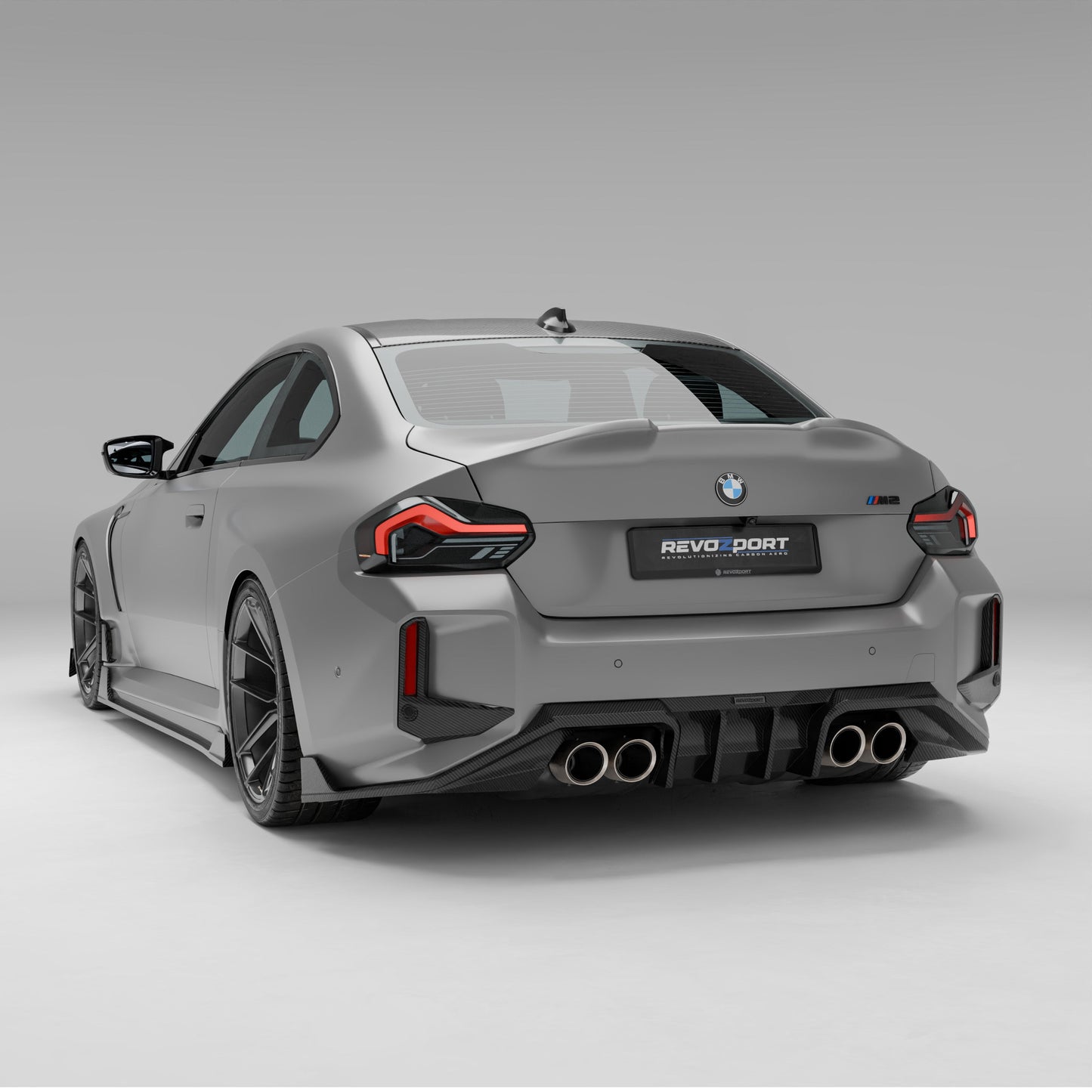 BMW M2 G87 carbon rear canards, three-quarter rear perspective