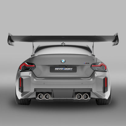 BMW M2 G87 carbon fiber rear wing mounted, top-down view