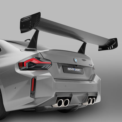 BMW M2 G87 carbon fiber rear wing rear view on track-ready coupe