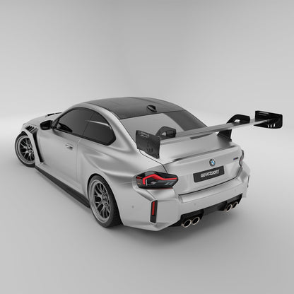 BMW M2 G87 carbon fiber race rear wing, rear three-quarter view on coupe
