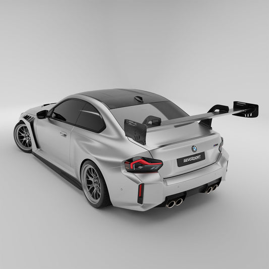 BMW M2 G87 carbon fiber race rear wing, rear three-quarter view on coupe