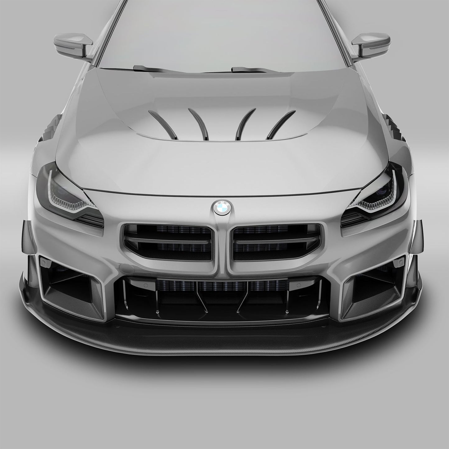 BMW M2 G87 carbon splitter, full front-end installed view