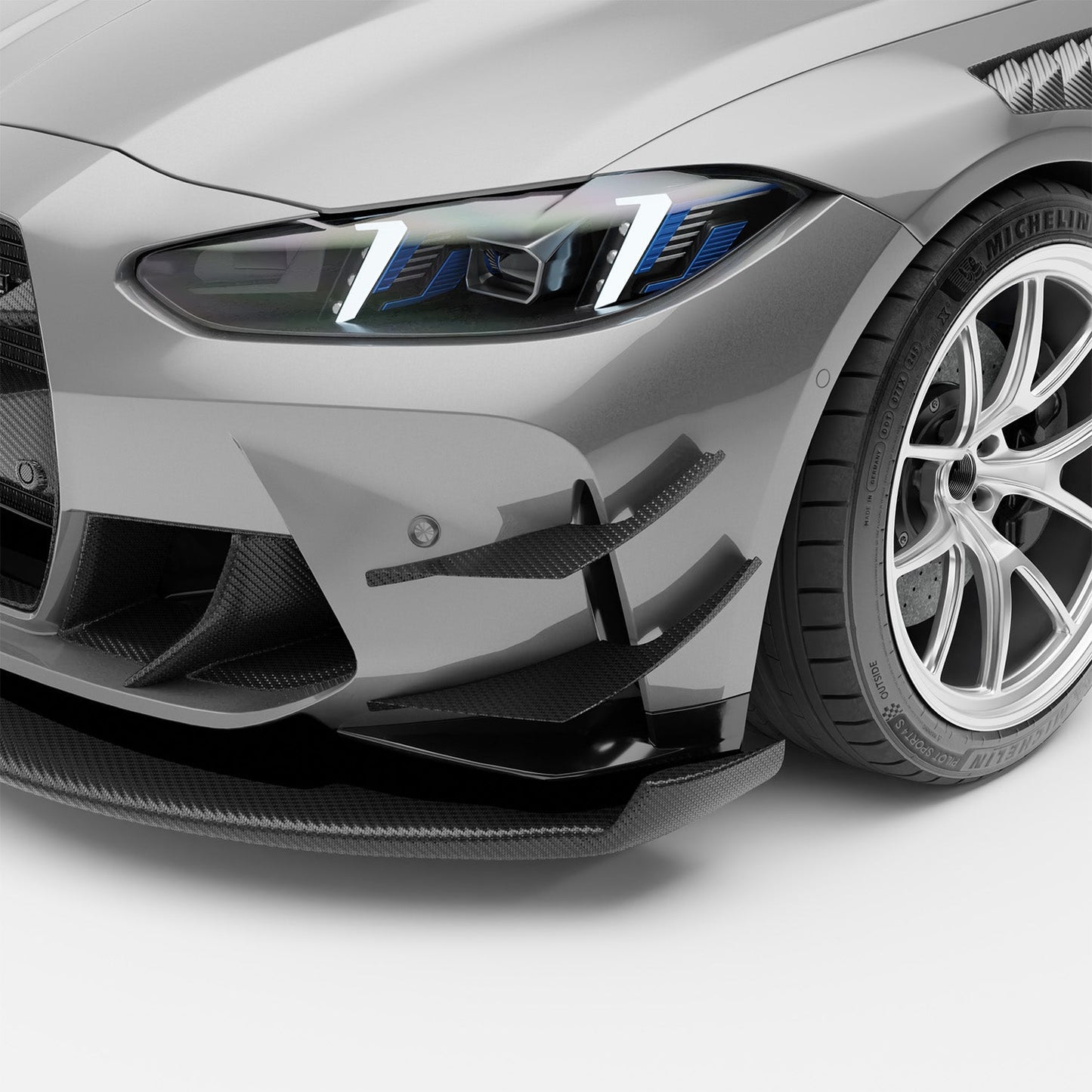 BMW M3 G80 carbon fiber canards, front bumper close-up