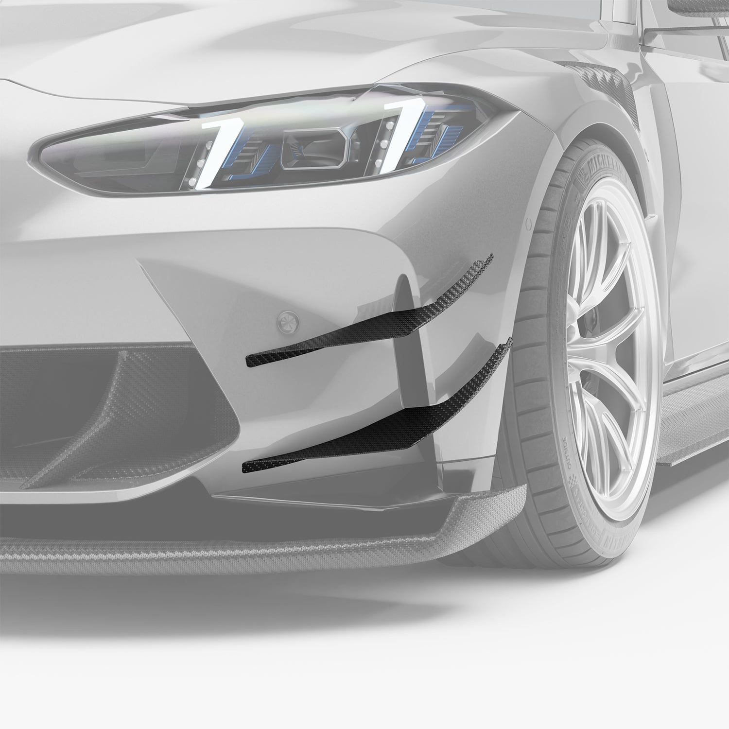 BMW M3 G80 carbon front bumper canards, angled detail