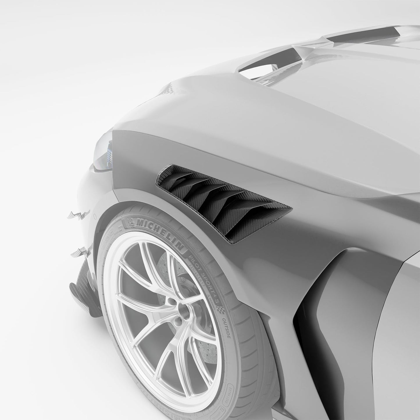 BMW M3 G80 vented carbon front fenders, side profile detail