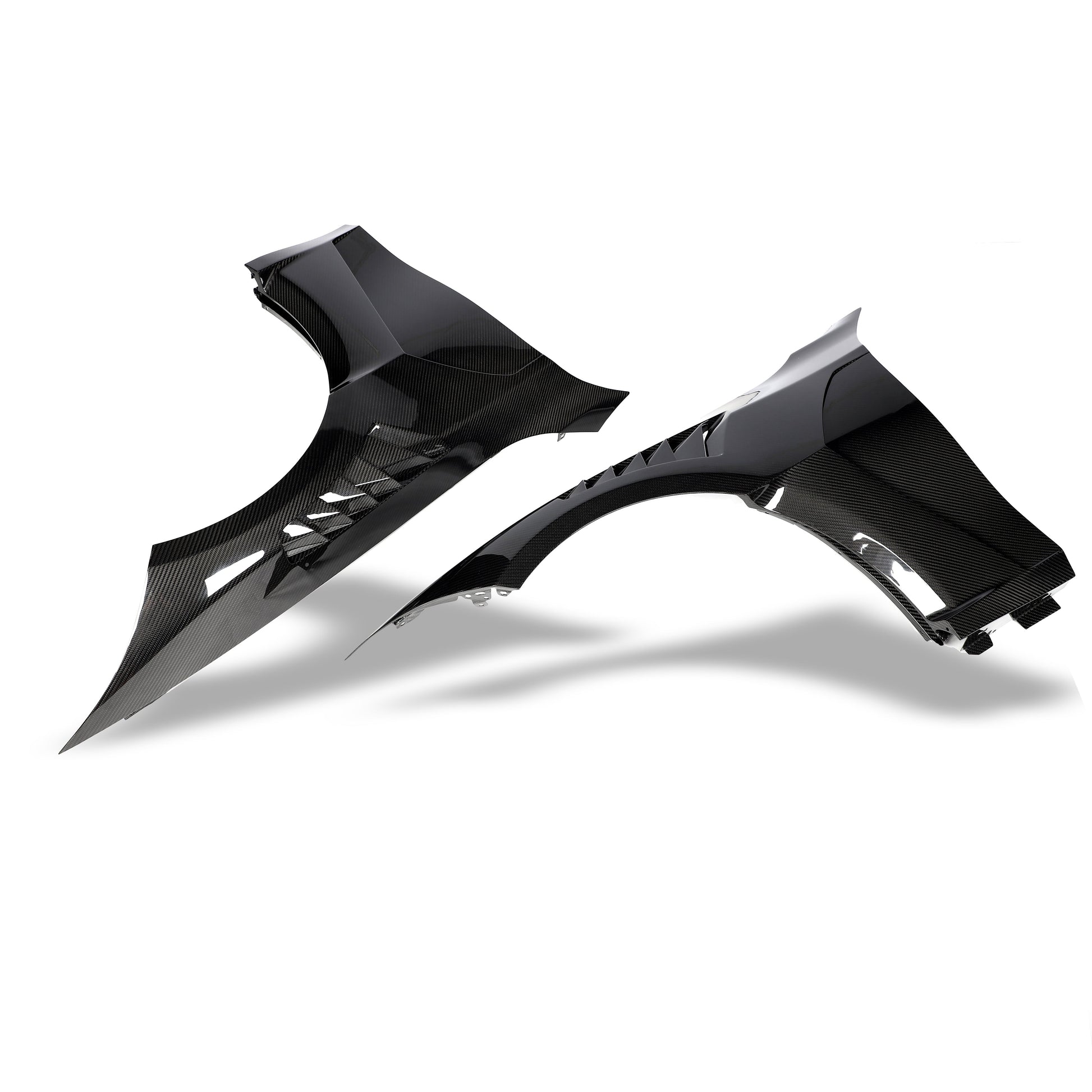 BMW M3 G80 carbon fiber fender mounted on car, front angle