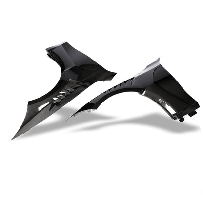 BMW M3 G80 carbon fiber fender mounted on car, front angle