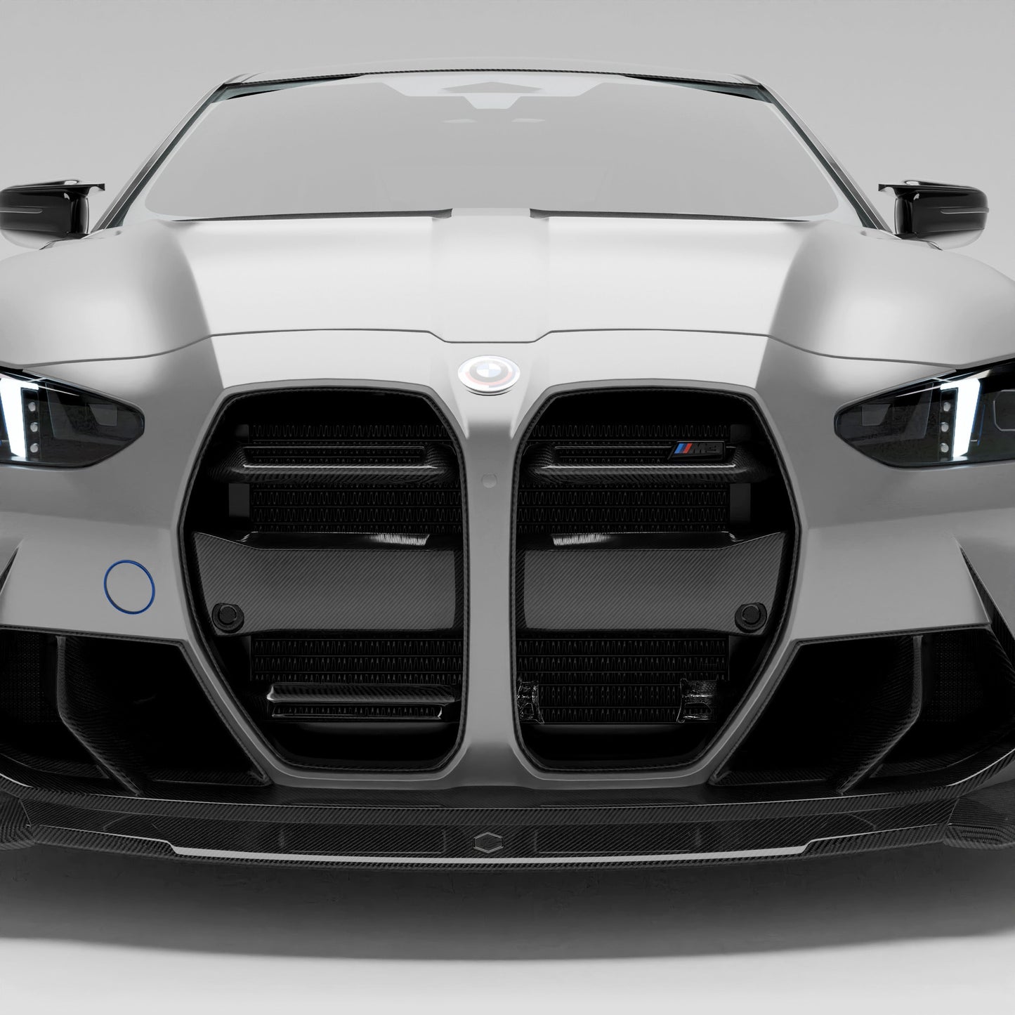 BMW M3 G80 carbon fiber front grille with ACC, front three quarter view