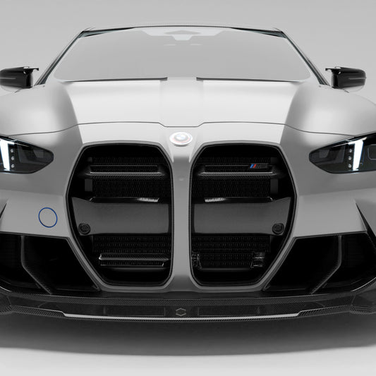 BMW M3 G80 carbon fiber front grille with ACC, front three quarter view