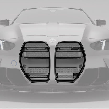 BMW M3 G80 carbon fiber front grille installed on the kidney area, straight on view