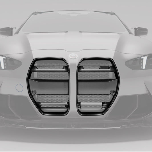 BMW M3 G80 carbon fiber front grille installed on the kidney area, straight on view