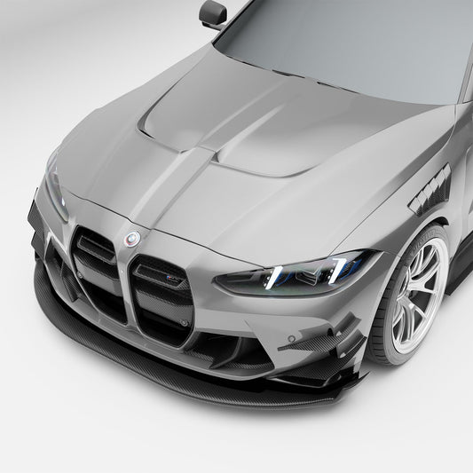 BMW M3 G80 carbon fiber race hood front-on view on the car