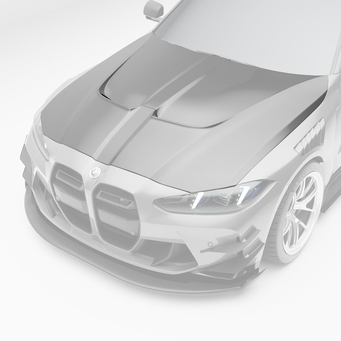 BMW M3 G80 carbon fiber race hood three-quarter angle with strakes