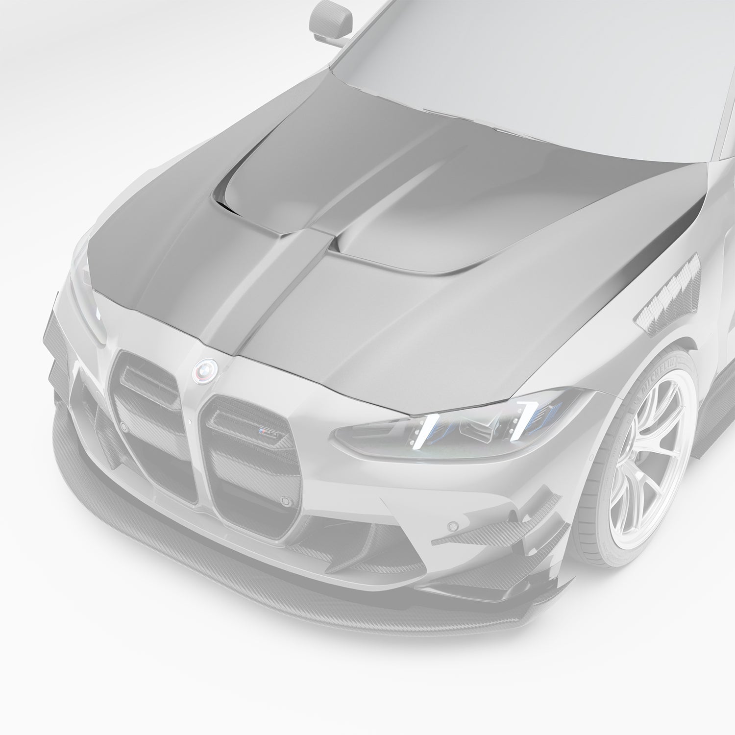 BMW M3 G80 carbon fiber race hood three-quarter angle with strakes