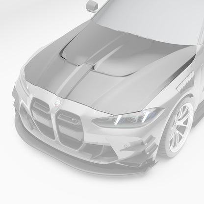 BMW M3 G80 carbon fiber race hood three-quarter angle with strakes