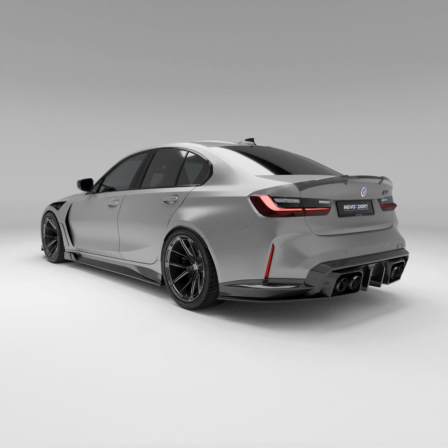 BMW M3 G80 carbon fiber rear diffuser installed rear bumper view