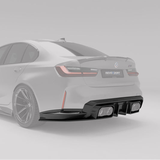 BMW M3 G80 carbon fiber rear diffuser angled detail shot