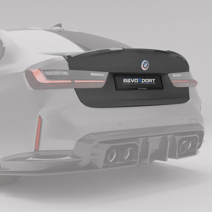 BMW M3 G80 carbon fiber trunk lid straight rear view showing contour