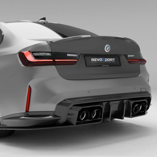 BMW M3 G80 carbon fiber rear trunk lid, rear three quarter view